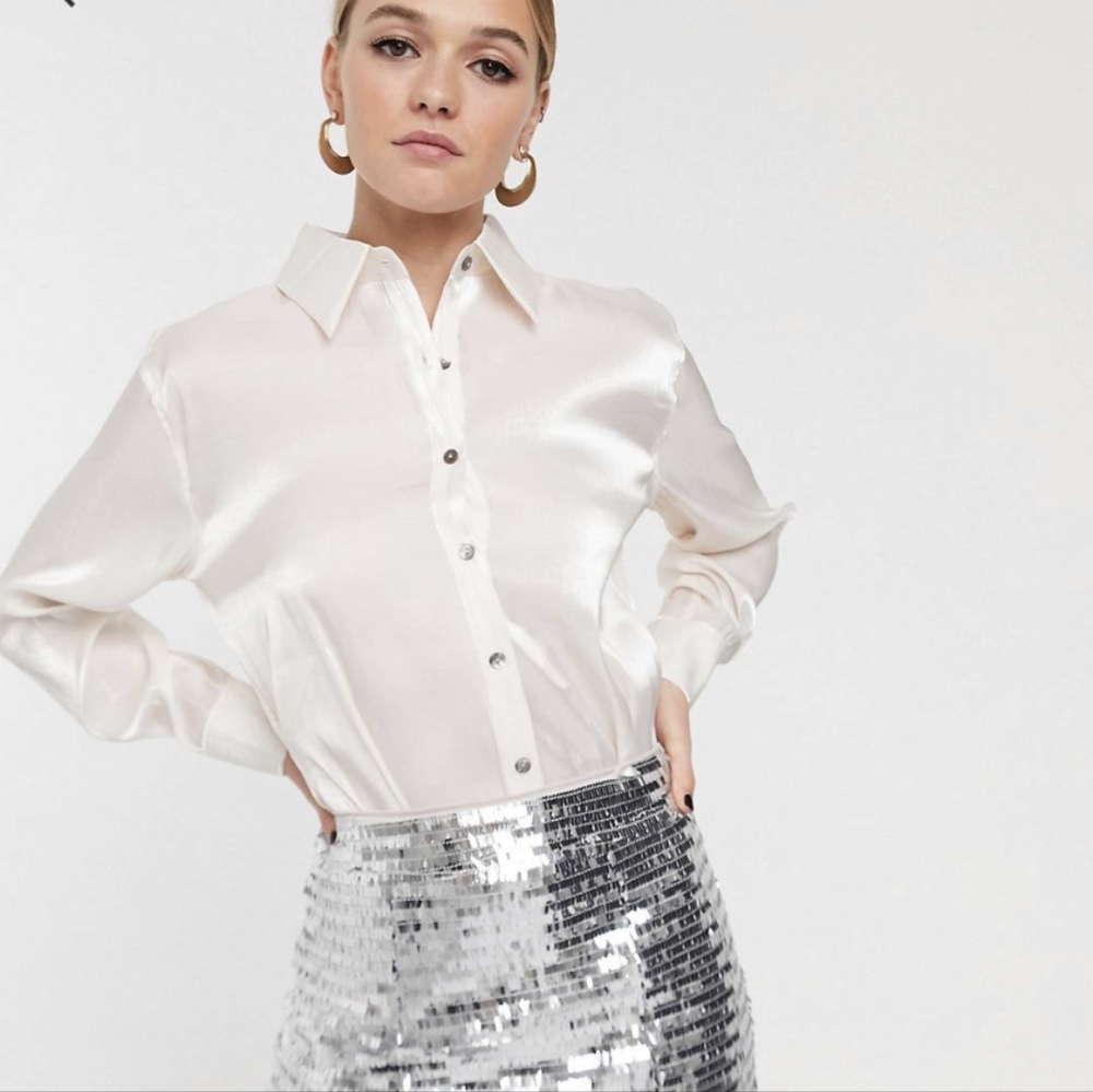 GLAMOROUS semi sheer pearlescent button down blouse